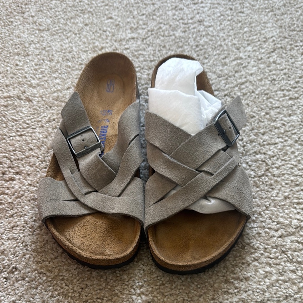 Gray Suede Cross-Strap Sandals